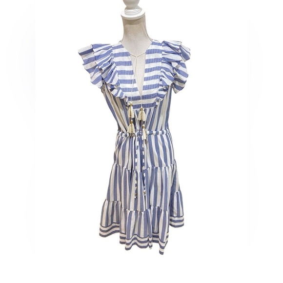 Bell Kerry blue/white stripe flutter sleeve cotton midi dress size small - Picture 6 of 16